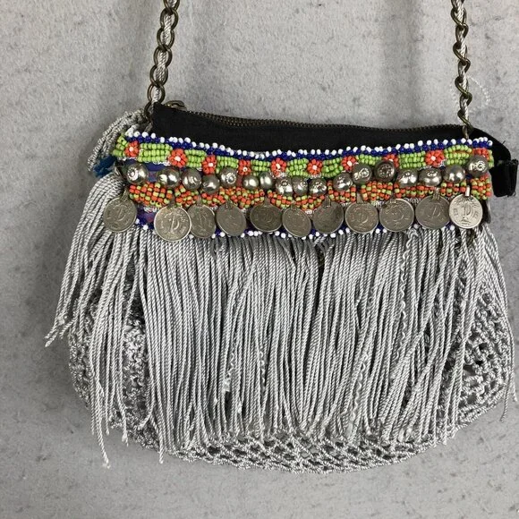 Elliot Mann Purse Beaded Fringe Coin Indie Firefly Boho Art to Wear Retro - Picture 11 of 16